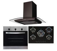 SIA Stainless Steel Single Oven, 70cm Black 5 Burner Gas Hob And Curved Hood Fan