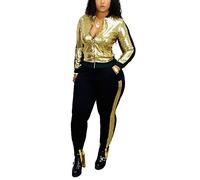 SIAEAMRG Women 2 Piece Glitter Sequin Outfits Tracksuit, Jacket Tops Log Pants Sparkle Sweatsuit Club Wear, Gold, XL