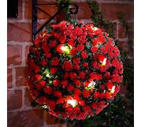 SIAM EXPRESS 28cm Solar Powered 20 Warm White LED Rose Round Topiary Garden Outdoor Ball Sphere Dual Function Artificial Boxwood Hanging Lights Auto On At Dusk (1 x Red Topiary Ball)