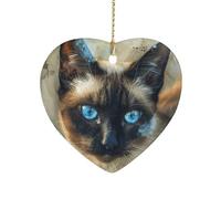 Siamese Cat Art Ceramic Christmas Ornaments Double Sided Porcelain Hanging Heart Pendant for Xmas Tree, Holiday Home Decor and Gift Party Decorations