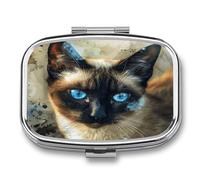 Siamese Cat Art Pill Box 2-Compartment Portable Pill Case Square Metal Medication Organizer Small Weekly Medication Case with Mirror Stylish Vitamin Holder for Purse Pocket Travel