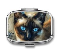 Siamese Cat Art Pill Box Travel Pill Organizer 2-Compartment with Mirror Design Portable Square Medicine Case for Vitamins, Jewelry & Essentials Durable Pocket Pillcase for Purse, Camping