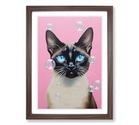 Siamese Cat Bubble Gum Painting Framed Print | A2 Walnut Framed Wall Art | Ready to Hang | Modern Animal Picture | Living Room Bedroom Lounge Office