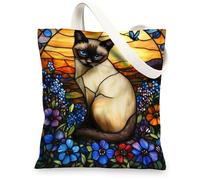 Siamese Cat Canvas Tote Bag, Colorful Reusable Grocery Bags, Stained Glass Art Shoulder Strap Bags, Colorful, 13x15 Inch