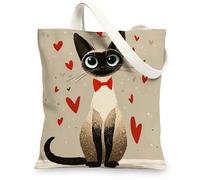 Siamese Cat Canvas Tote Bag, Cute Reusable Shopping Bags, Lightweight Beige Shoulder Strap Bags, Beige, 13x15 Inch
