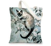Siamese Cat Canvas Tote Bag, Floral Reusable Shopping Bags, Elegant Lightweight Blue Shoulder Strap Bags, Blue, 13x15 Inch