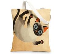 Siamese Cat Canvas Tote Bags, Cute Animal Pattern Reusable Grocery Bags, Fun Lightweight Washable Shoulder Strap Canvas Bag, Beige, 13x15 Inch
