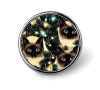 Siamese Cat Christmas Night Novelty Brooches & Pins Round Personalised Metal Lapel Badge With Butterfly Clutch Clasp