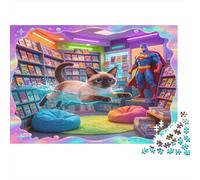 Siamese Cat Comic Style Library 1000 Piece Jigsaw Puzzle Jigsaw Puzzle for Adults Paper Puzzle Game for Family Relaxation Focus Home Decor 70x50cm/1000pcs