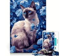 Siamese Cat in Blue Flowers 1000 Piece Jigsaw Puzzles for Teenagers Smart Game Bonding Time Image Assembly Fine Art Piece 38x52cm