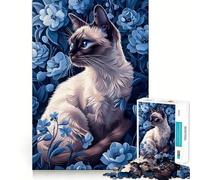 Siamese Cat in Blue Flowers Jigsaw Puzzles for Teenagers 1000 Piece Smart Toy Leisure Time Accurate Cut Seasonal Gift 38x26cm