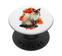 Siamese Cat in Poppy Field Mom Dad Floral Flowers Cat Lovers PopSockets Adhesive PopGrip