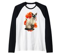 Siamese Cat in Poppy Field Mom Dad Floral Flowers Cat Lovers Raglan Baseball Tee