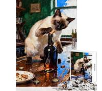 Siamese Cat Opening Bottle at Bar Hard Jigsaw Puzzle for Adults 1000 Pieces Improve Attention Span And Focus Peaceful Relaxing Leisure Fun (38x26cm)