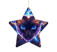 Siamese Cat Thunder Funny Ceramic Christmas Star Ornaments Hanging Decoration for Xmas Tree Home Party