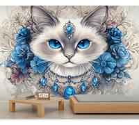 Siamese Cat Wall Murals, Pet Cat Mural, Flowers Wallpaper for Living Room Bedroom Office Hotel Bar Ceiling Decor - 400x280cm