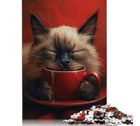 Siamese Cat with Coffee 500 Piece Jigsaw Puzzle | Jigsaw Puzzle | Sustainable Puzzle for Adults | Premium 100% Wooden Puzzle | Fun Games 500pcs (52x38cm)