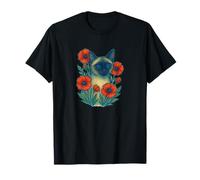Siamese Cat with Poppies Elegant Floral Feline Art Design T-Shirt