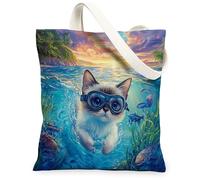 Siamese Cats Canvas Tote Bag for Shopping 13 * 15, Funny Coastal Beach Ocean Reusable Grocery Shoulder Bag for Women, Pet Painting Gift Decor