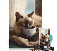 Siamese Coffee Cup Cat 1000 Piece Jigsaw Puzzles for Adults Jigsaw Think Toy Calm Relax Clean Cut Wall Art Decor 50x75cm