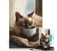 Siamese Coffee Cup Cat Jigsaw Puzzles 1000 Piece for Teenagers Wise Think Toy Peaceful Fun Tight Cut 38x52cm