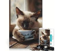Siamese Coffee Cup Cat Jigsaw Puzzles for Adults 1000 Pieces Strengthen Recall Soothing Fun Quality Edge Lovely Present 50x75cm