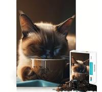 Siamese Coffee Cup Cat Teenagers 1000 Piece Jigsaw Puzzle Enhance Recall Soothing Play Neat Edge Santa Wish Item 38x26cm