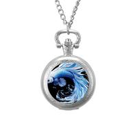 Siamese Fighting Betta Fish Vintage Pocket Watch Alloy Pendant Watches Necklace Gift for Men Women Silver-Style