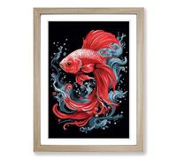 Siamese Fighting Fish Line Framed Wall Art Print A2 Oak