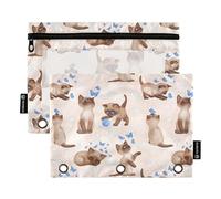 Siamese Kitten Cat Butterfly Pencil Pouch for 3 Ring Binder, Three Hole Pencil Case for Binder Bulk Pencil Bag with Clear Window and Zipper for Office School College, 2 Pack