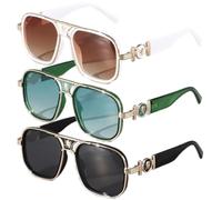 SIAMZYWV Retro Oversized Double-Beam Sunglasses With Metal Accents - UV Protection Unisex Vintage Glasses For Street Style, Travel & Outdoor Adventures(Black+Green+White)