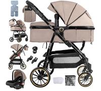 Sianldcone 3 in 1 Pushchair Pram Baby Stroller, Travel System 3 in 1 with Two Reversible Pushing Modes, Toddler Carriage Aluminium Frame, Newborn Infant Buggy with One-Click Folding (V8 Khaki)