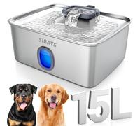 SIBAYS Extra Large Dog Water Fountain 4L/15L, Stainless Steel Pet Water Fountain with Water Window and LED Light, Ultra Quiet Automatic Dispenser for Large Dogs