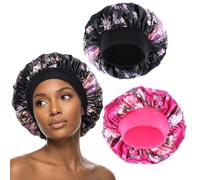 Sibba 2 Pack Silk Bonnet for Women Satin Bonnet for Sleeping, Large Bonnets Double Layer Satin Lined Hair Bonnets with Elastic Soft Band Waterproof Shower & Sleep Hair Protector for Curly Hairs