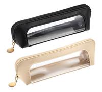 Sibba 2 Pack Small Clear Makeup Bag, Makeup Brush Bag PU Leather Travel Cosmetic Brush Case Portable Clear Make-Up Brushes Pouch with Zipper, Multi-use Cosmetic Organizer Bags for Women (Beige, Black)