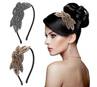Sibba 2 Pcs Head Bands Women's Headbands 1920s Hair Accessories Gold Rhinestones Black Silver Crystal Bridal Wedding Pins Lace Headpiece Jewelry Pieces Beaded Clip Art Deco (grey/golden)