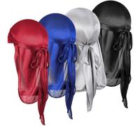 Sibba 4 Pcs Kids Satin Durags with Wave Caps Set Head Wrap Silky Durag Headwraps with Long Tail Wide Strap 360 Waves Cap Silky Satin Durag Extra Long Tails for Boys Girls, 4 Colors