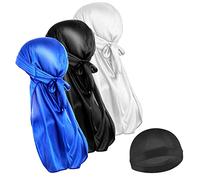 Sibba 4PCS Silky Durag Long Tailed Turban Headwear, Elastic Durags Soft Breathable Stocking Wave Hair Caps for Men Women Running Fitness Cycling Hiking Camping, Black, Blue, White, One Size-L