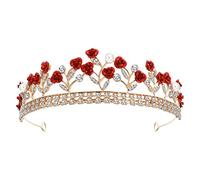 Sibba Crowns Tiara Headband Princess Queen Fairy Prom Birthday Red Gems Flower Rhinestone Bling Golden Crown Headpiece Hair Band Pageant Christmas Wedding Bride Headwear For Women Adult