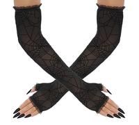 Sibba Fingerless Gloves 1 Pair 1920s Lace Costume Black Fishnet Tea Party Bridal Wedding Prom Halloween Cosplay Tulle Sleeves Gothic Mesh Fingers Long Arm Sun Uv Protection Glitter Goth Wrist Princess