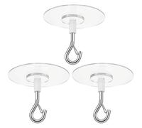 Sibba Heavy Duty Adhesive Ceiling Hooks 3-Pack, 6.5cm Round Transparent Drill-Free Stick-On Hooks with Safety Clasp, Water Resistant for Plants Wind Chimes Home Storage