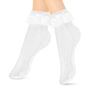 Sibba Ruffle Liners Lace Ankle Socks 1 Pair Frilly Crew Elastic Cotton Sock Princess Fairy Goth Cuffs Cute Dress for Women Schoolgirl Clothing Costume (White)