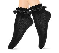 Sibba Ruffle Liners Lace Ankle Socks 1 Pair Heart-shaped Frilly Crew Elastic Cotton Sock Princess Fairy Goth Cuffs Lovely Dress for Lady Girls Schoolgirl Clothing Costume Solid Color (Black)