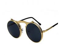 Sibeg Round Steampunk Sunglasses For Men 2024 New Vintage Flip Celebrity Sun Glasses Male Driving Superstar Luxury Metal Shades(Color:Black)