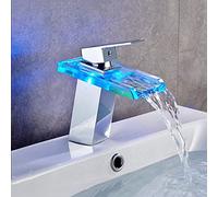 SIBEG Waterfall Tap Led, Colour Changing LED Light Bathroom Waterfall Sink Taps, Brass Hot and Cold Basin Sink Mixer Tap, Single Handle Single Hole Bathroom Tap Faucet,Black