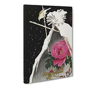 Siberian Bluechat Bird & Pink Peony By Ohara Koson Canvas Print | Gallery Wrapped 30mm Frame Wall Art | 30x20 inches | Ready to Hang | Asian Animals Picture | Living Room Bedroom Lounge Office