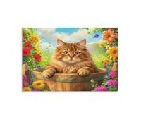 Siberian Forest Cat Canvas Wall Art Barrel Flowers Print On Canvas Modern Artwork for Living Room Office Decor Gift 20x30inch(50x75cm)