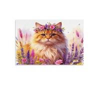 Siberian Forest Cat Canvas Wall Art Floral Wreath Flowers Print On Canvas Modern Artwork for Living Room And Bedroom Wall Decor Gift 12x18inch(30x45cm)