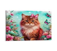Siberian Forest Cat Canvas Wall Art Flowers Print On Canvas Modern Artwork for Living Room And Bedroom Decor Gift 20x30inch(50x75cm)