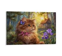 Siberian Forest Cat Canvas Wall Art Forest Cabin Print On Canvas Modern Artwork for Living Room Bedroom Home Office Home Decor Gift 12x18inch(30x45cm)